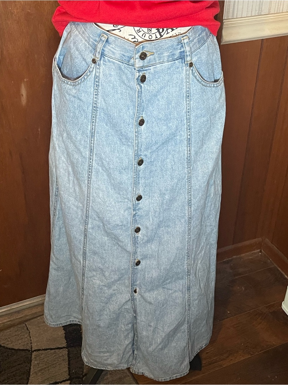 VTG 90s Lizwear Button Front Denim Maxi Skirt Light Wash High Waist